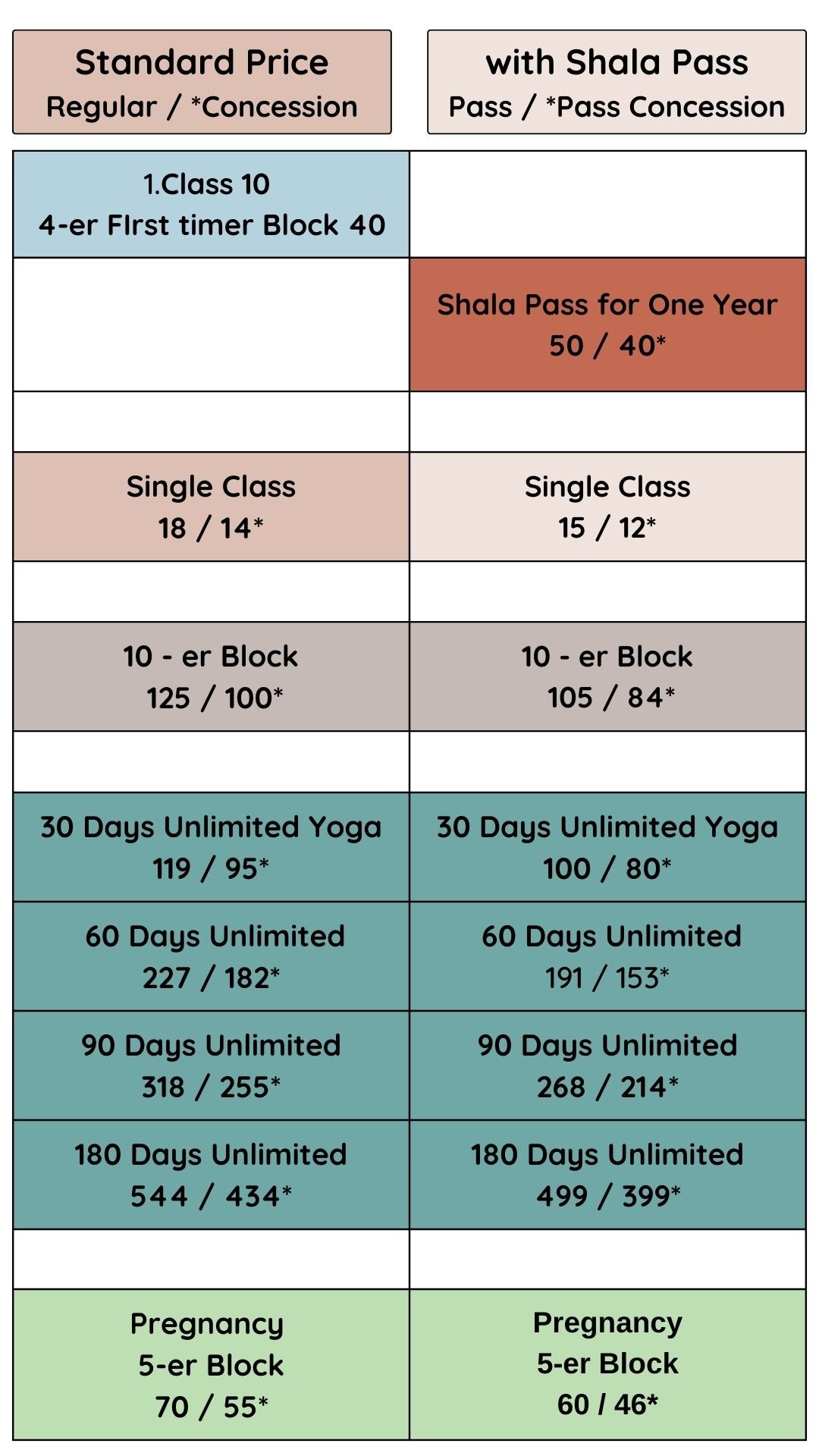 price table for homepage english