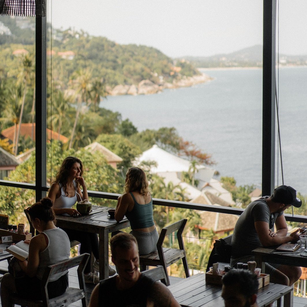 At Vikasa - The life café - with coastline background