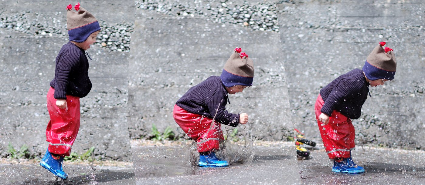 Fotomontage of 3 fotos of Liam jumping into a puddle to power-splash